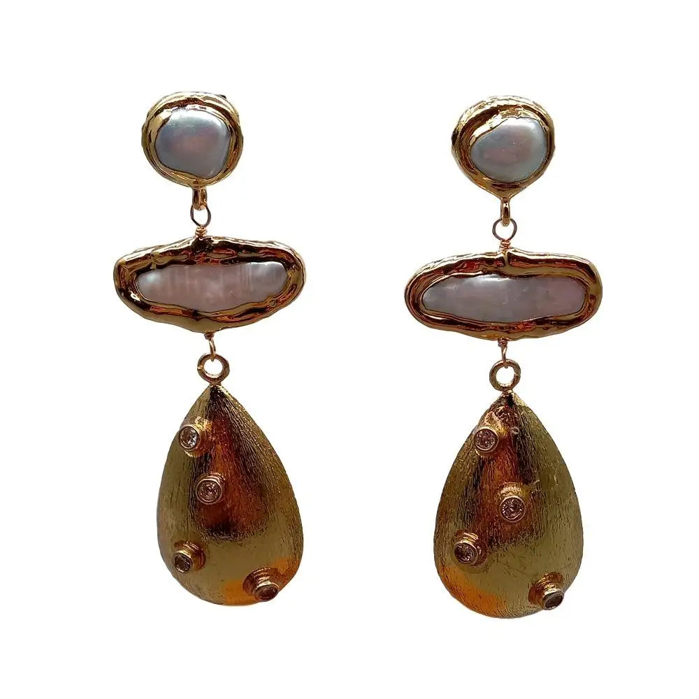 KKGEM natural Cultured 12x28mm White Biwa Pearl Teardrop 23x36mm Brushed Bead Cz Pave Stud Earrings