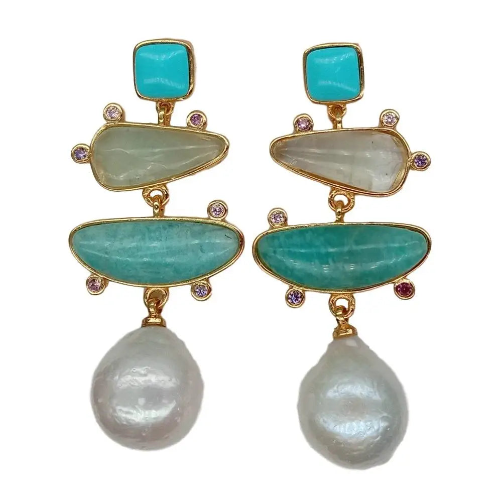 YYGEM Natural geometric Turquoise Amazonite Prehnite Freshwater White Pearl Stud Earrings gold Filled office style for women