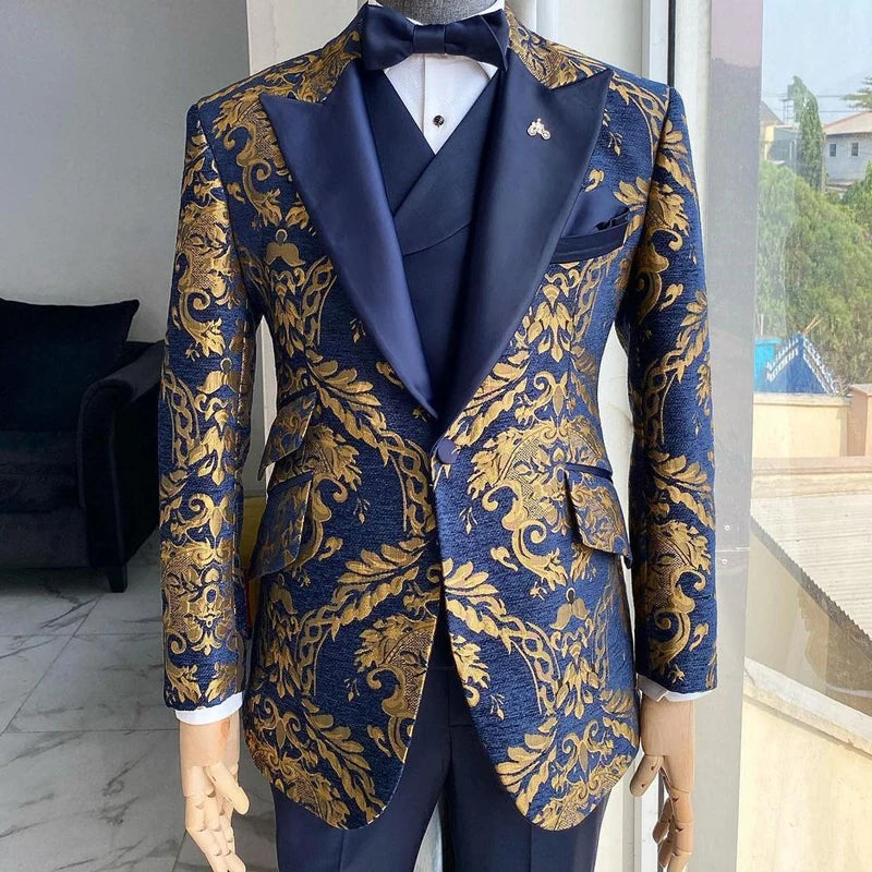 Jacquard Floral Tuxedo Suits for Men Wedding Slim Fit Navy Blue and Gold Gentleman Male Costume Suit Set | Kimlud Luxury Rug