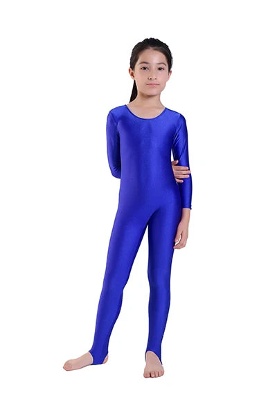 AOYLISEY Girls Dance Gymnastics Long Sleeve Unitard for Kids Jumpsuits Stirrup Show Stage Wear Zentai Childrens Unitards