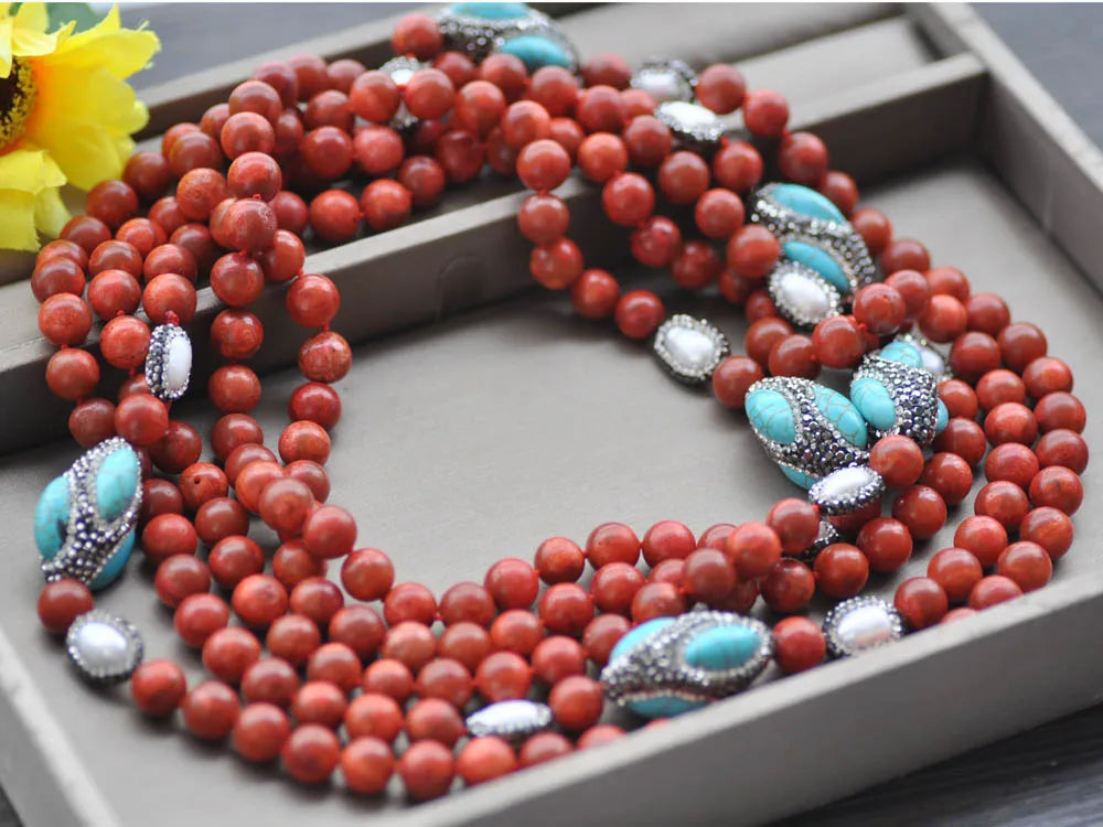 Z10316 100" Red Coral 30mm Turquoise Shuttle Pearl CZ Necklace