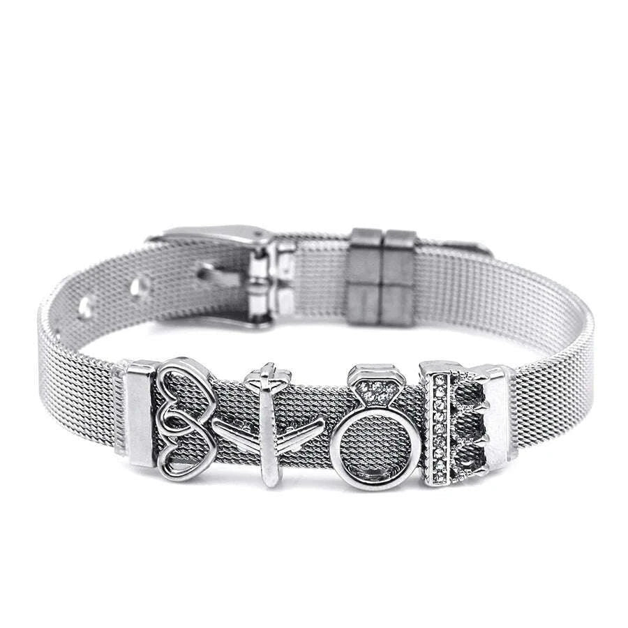DINGLLY Two-tone Stainless Steel Mesh Bracelets For Women Men Love Heart Beaded 10mm Ribbon Mesh Bracelet & Bangle Gifts