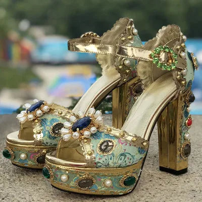 MStacchi Luxury Brand Women Platform Sandals Crystal Embroidery High Heel Sandalia Feminina Buckle Strap Rhinestone Wedding Shoe - Kimlud