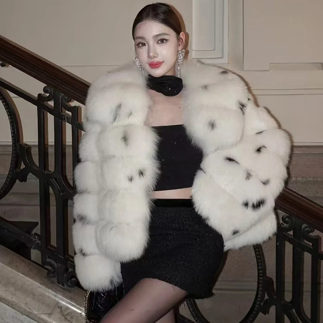 New Full Skin Leopard Print Spotted Fur Collar Fur Integrated Fox Fur Grass Jacket Coat for Women