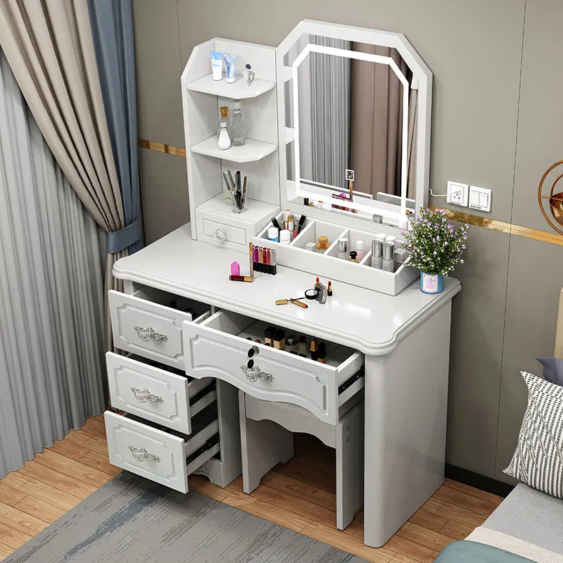 Girls White and Pink Modern Wooden Storage Simple Cheap Make up Dresser Tables Set Vanity Desk With Mirror - Kimlud