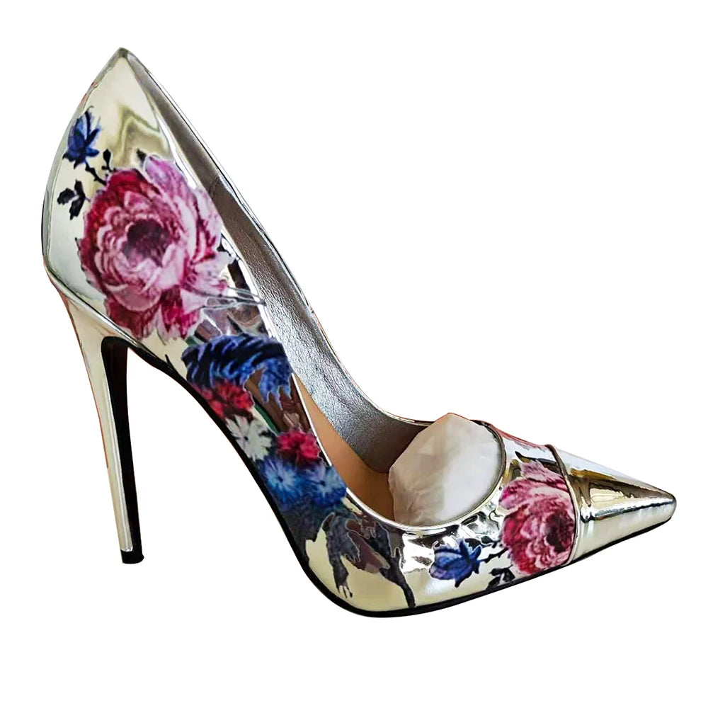 Luxury Fashion Women Pointed Toe Silver Patent Leather 3D Print Flower High Heels Party Pumps - Kimlud