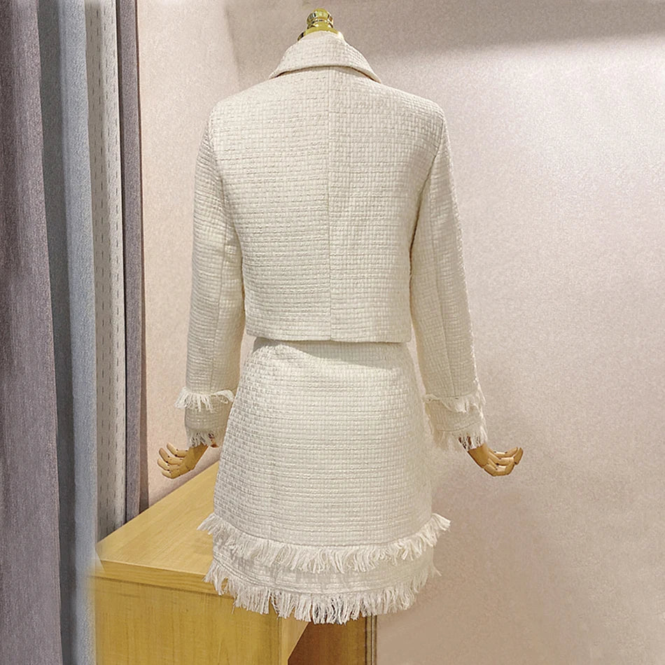2021 Winter New Women Tweed Fringed 2 Two-Piece Set Sexy Long Sleeve V-Neck Button Coat + Short Skirt Set Vestidos Party Suit