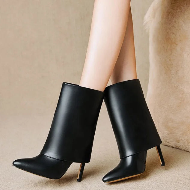 Solid Folding Design Pointed Toe Booties for Women Thin High Heel Slip-on Short Shoes Fashion Western Plus Size 43 Ankle Boots