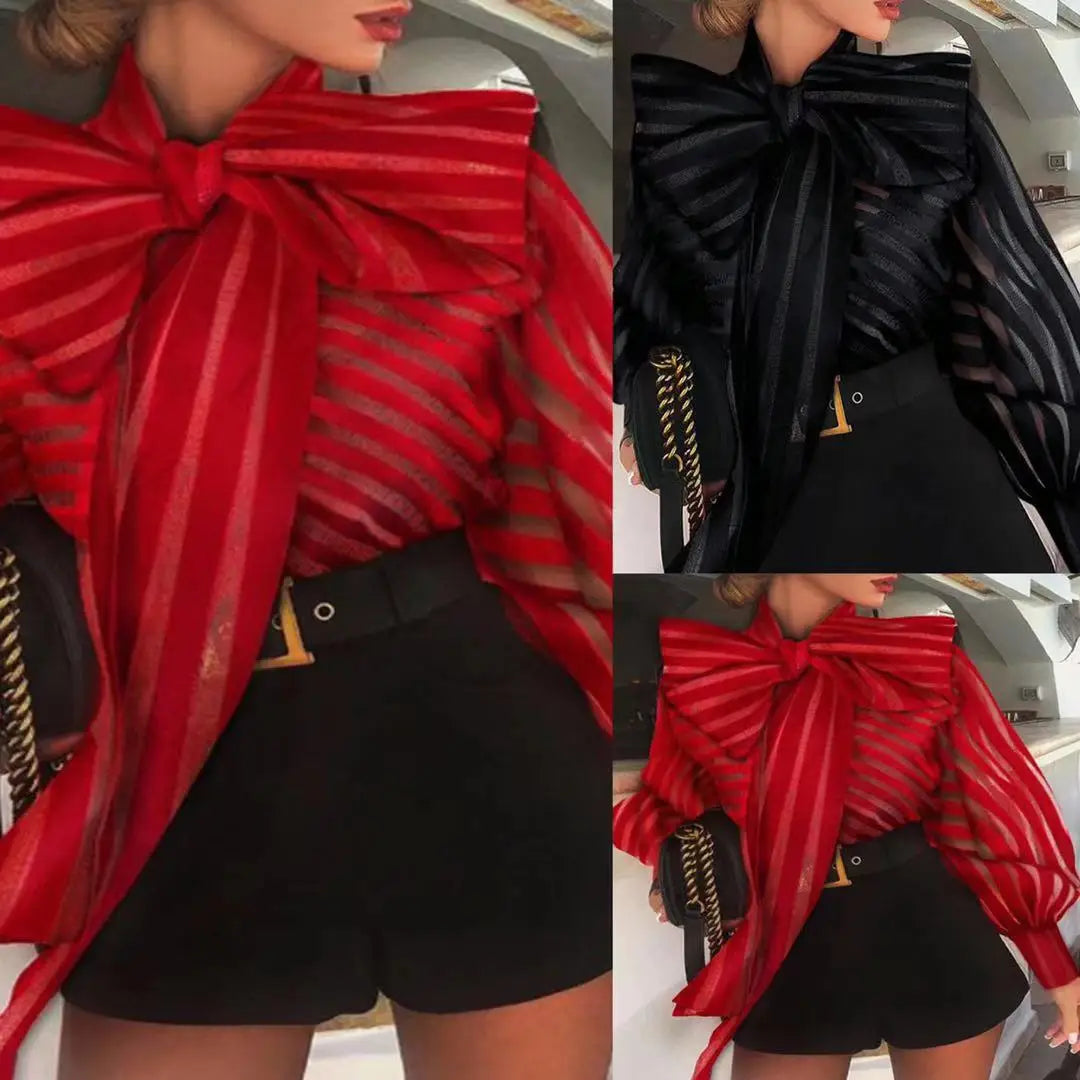 Europe Spring Womens Red Striped Organza Blouses Sexy Perspective Lace-up Bow Mesh Blusas Tops Lantern Sleeve Black Femme Shirt