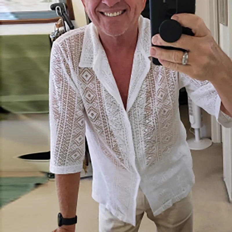 2023 Fashion Men Shirt Mesh Lace Transparent Streetwear Lapel Short Sleeve Button Camisas Party Sexy Men Clothing S-5XL...
