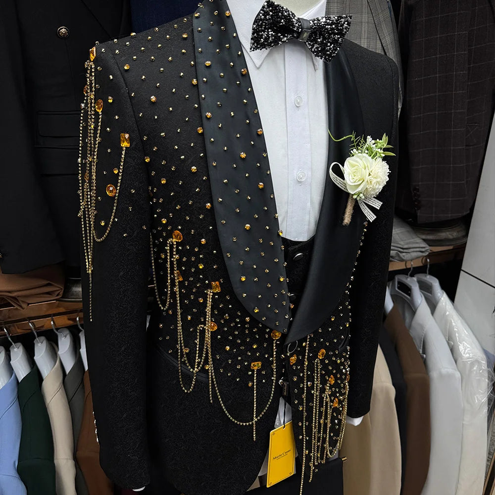Handmade Rhinestone Beaded Men 3 Piece Suits Luxury Wedding Groom Wear Slim Fit Single Breasted Tuxedo Jacket Vest Pants Set - Kimlud