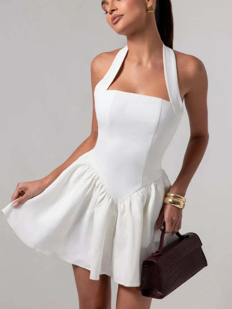 Elegant Pleated Vestidos Women 2025 Summer Halter Sleeveless Backless Mini Short Dress Sexy Club Evening Party Dresses