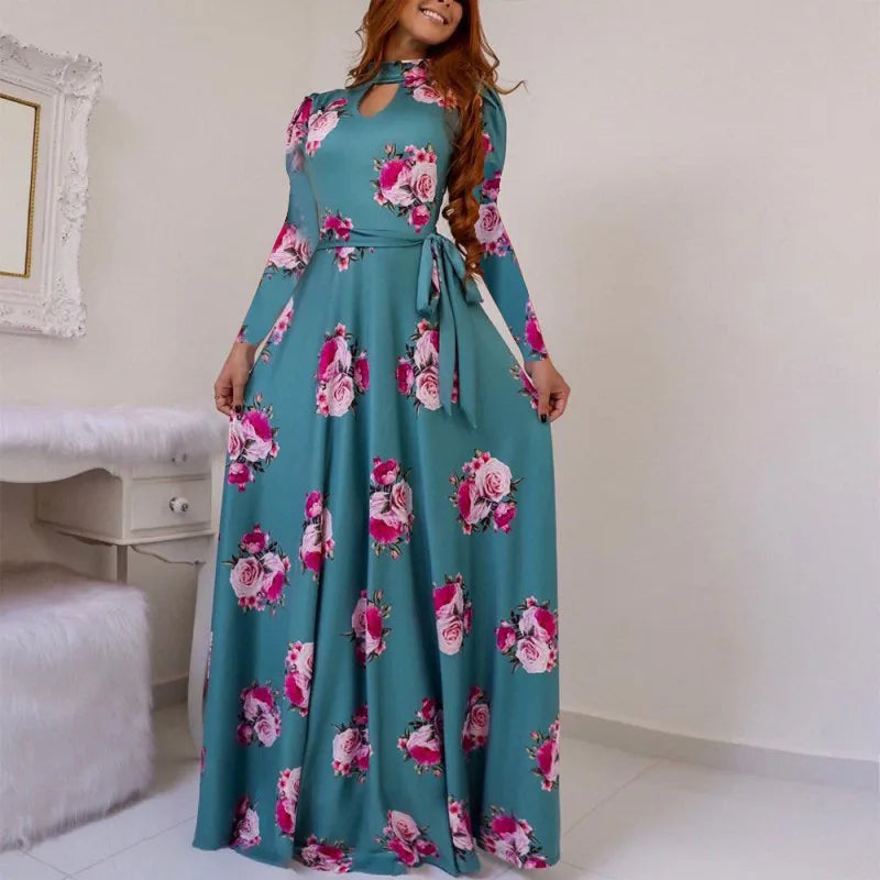 High Quality Breathable Floral Maxi Dress for Women Ladies Casual Summer Fashion with Long Sleeves Belt Sexy Style