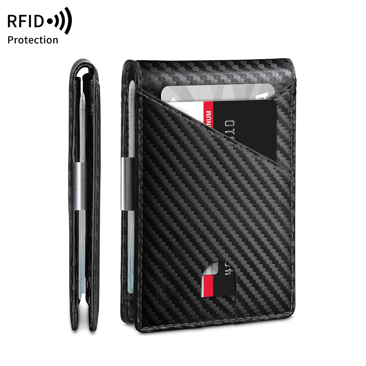 RFID Blocking Men's Carbon Fiber Pattern Wallet Minimally Thin Double Fold Credit Card Holder Portable Front Pocket Wallet