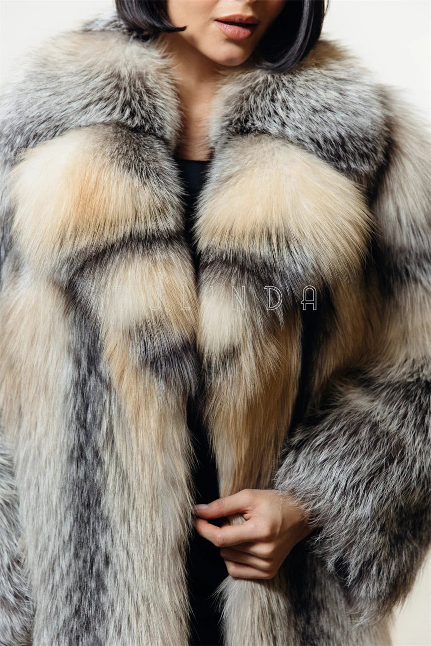 Short Coat Grey fox Fur with English Collar Thick Luxury Women's Grey fox Fur Jacket Winter Outdoor Wholesale Gift Mink Coat