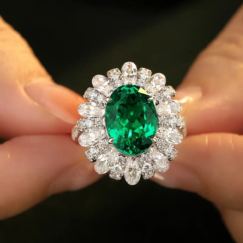 Ruizuan Vintage Engagement Rings Fashion Jewelry with Emerald Gemstone Oval Cut Lab Grown Rhodium Plated Stylish Elegant - Kimlud