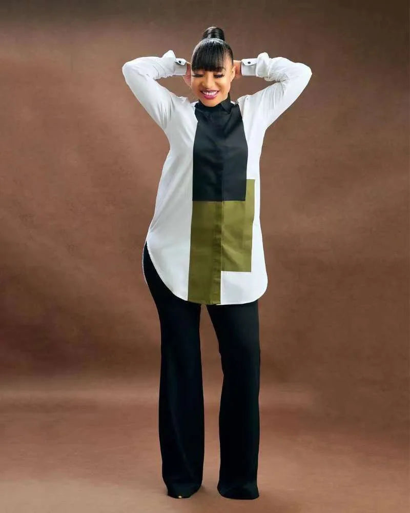 Women Fashion Patchwork Shirts Blouse Long Sleeve Turn-Down Collar Streetwear Fall Female Tops Blouses Shirts Spring Autumn