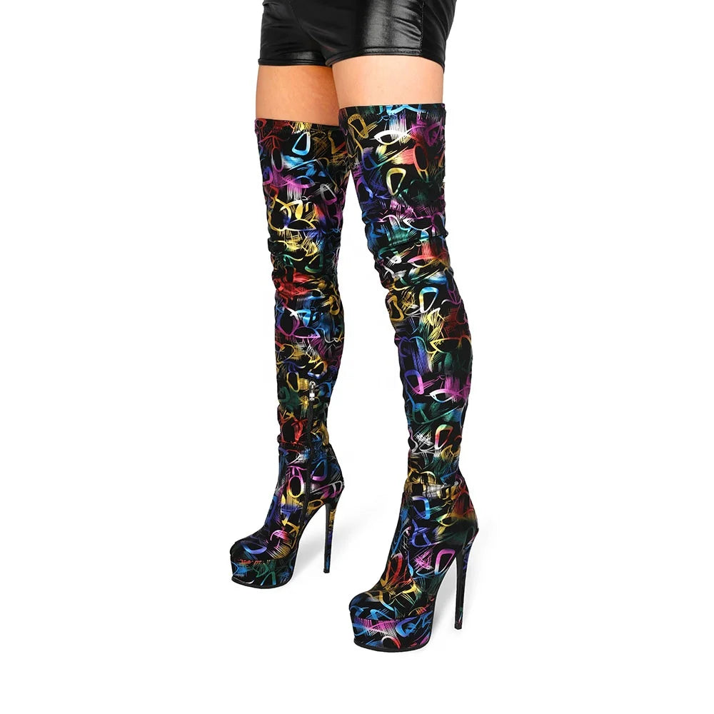 Colorful Skintight High Platform High Thin Heel Women Boots High Heel Thigh High Booties Side Zipper Party Over Knee High Boots