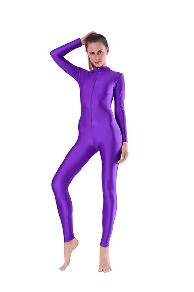 Aoylisey Women Long Sleeve Mock Neck Unitard Front Zip V-Neck Ballet Jumpsuit Dancewear Gymnastics Zentai Halloween Costume