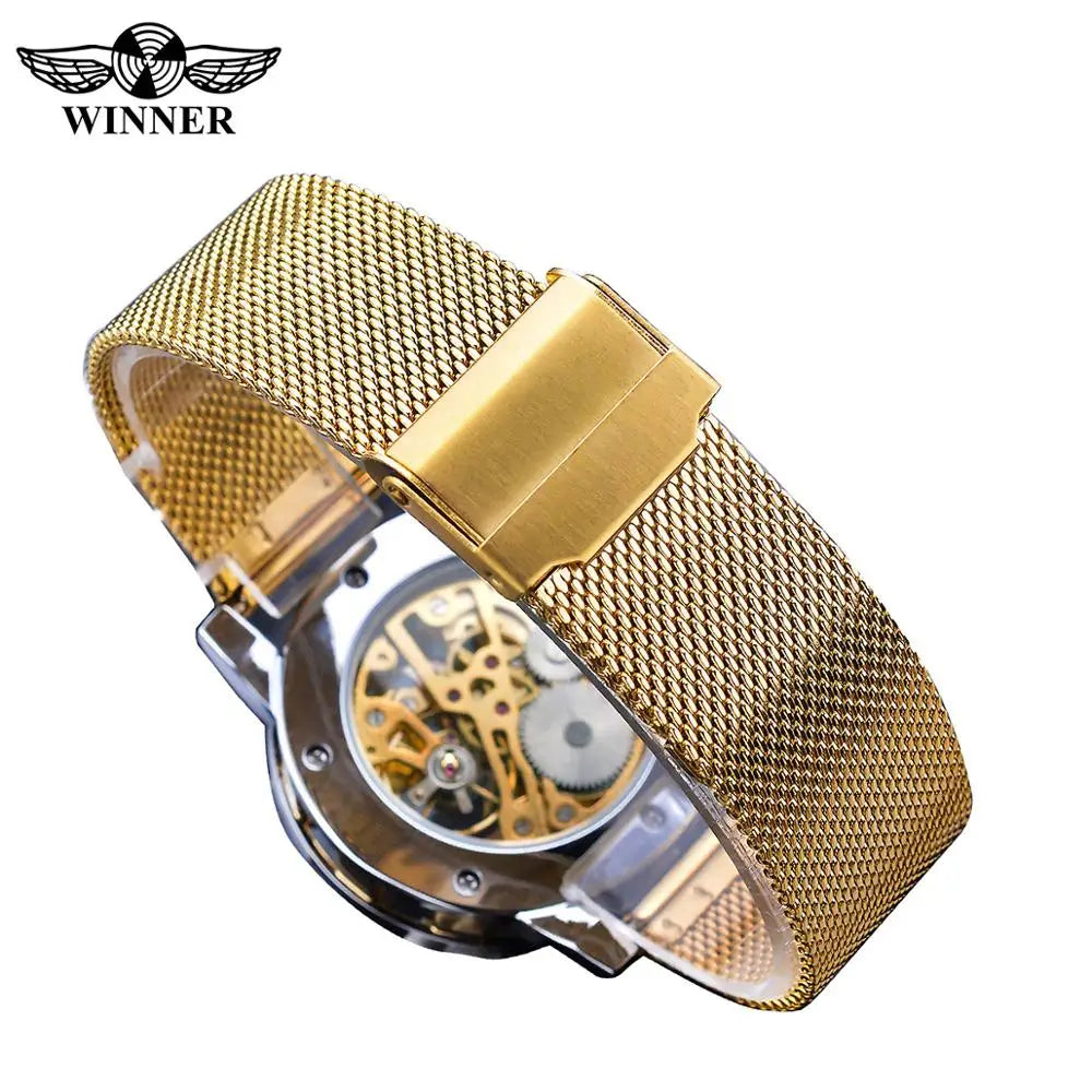 Winner Golden Watches Men Skeleton Mechanical Watch Crystal Mesh Slim Stainless Steel Band Top Brand Luxury Hand Wind Wristwatch