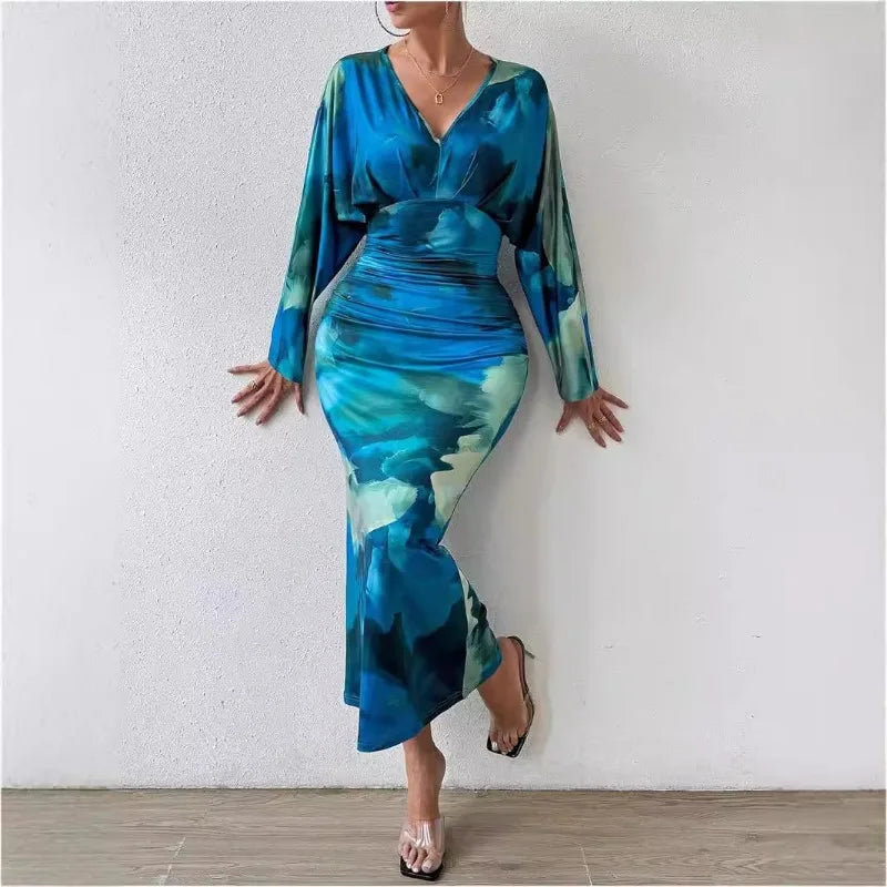 V-neck Pleated Bodycon Dress Women Sexy Slim Fit Long Sleeve Long Party Dresses for Women Wrap Guangzhou Female Dress