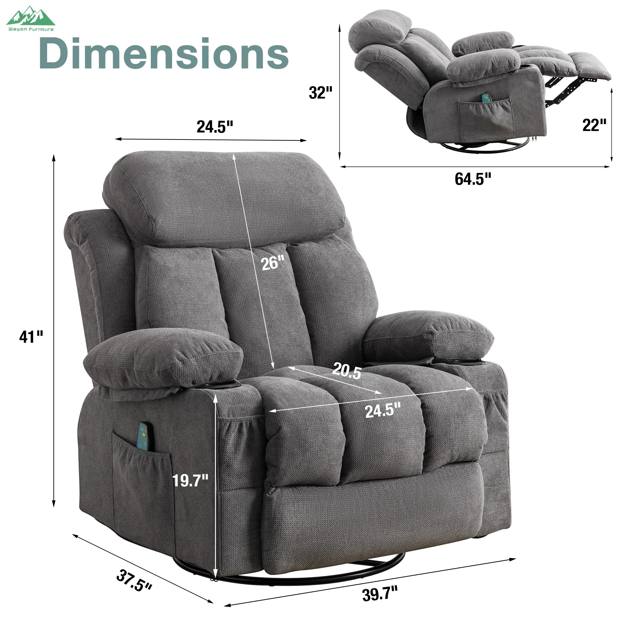 Wayon Modern Metal Frame Massage Heated Recliners with Remote Control and USB Charge Port for Home Furniture | Kimlud...
