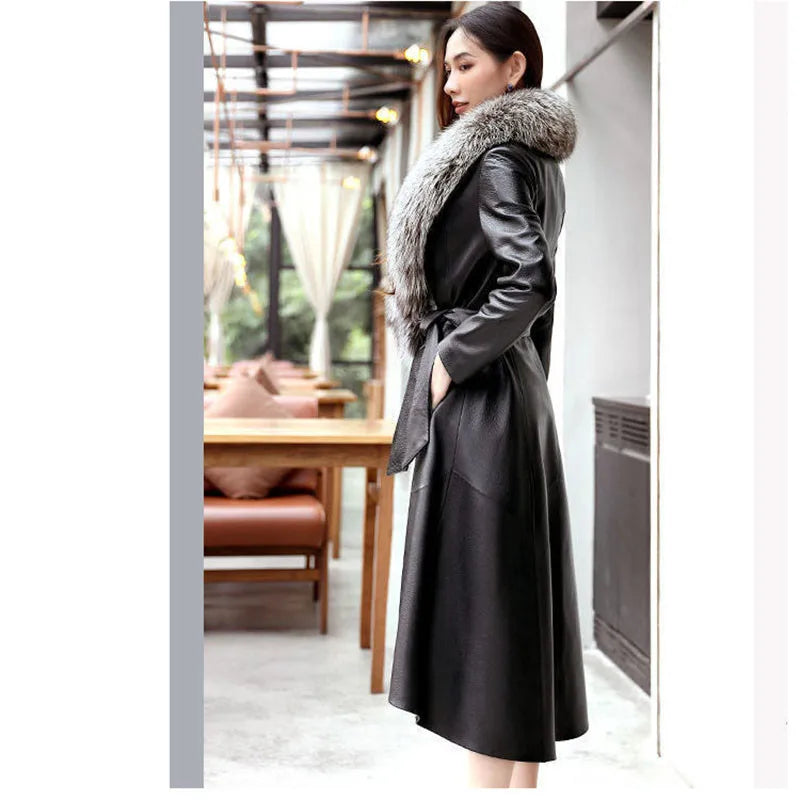 2025 New Women's PU Leather Jacket For Spring Autumn Slim Big Fur Collar Long Leather Coat Female Loose Leather Outerwear 7XL