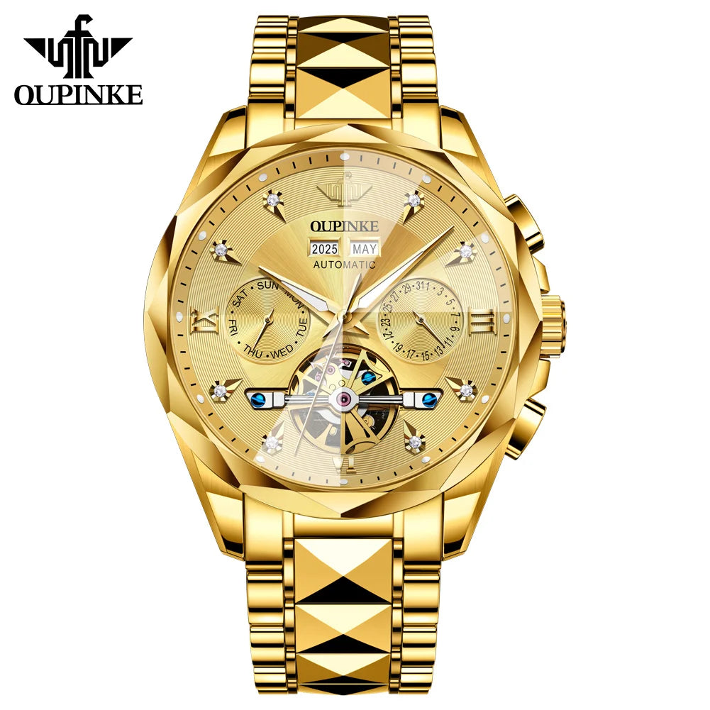 Oupinke 3316 Oem logo Hollow Design Business Tourbillon Waterproof Stainless Steel Luminous  Automatic Mechanical Watch for Man