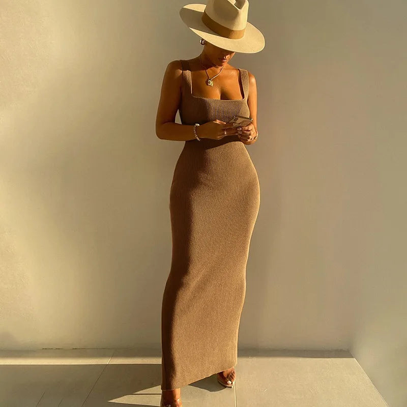 2021 Custom logo Fall Women Office Formal Dresses square Neck Sleeveless tank Bodycon Pencil Ribbed Knitted Dresses