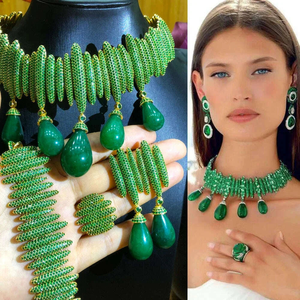 missvikki Exclusive Princess Emeralds Luxury Big Green Drop Necklace Earring Bracelet Ring Party Jewelry Set for Women Lady