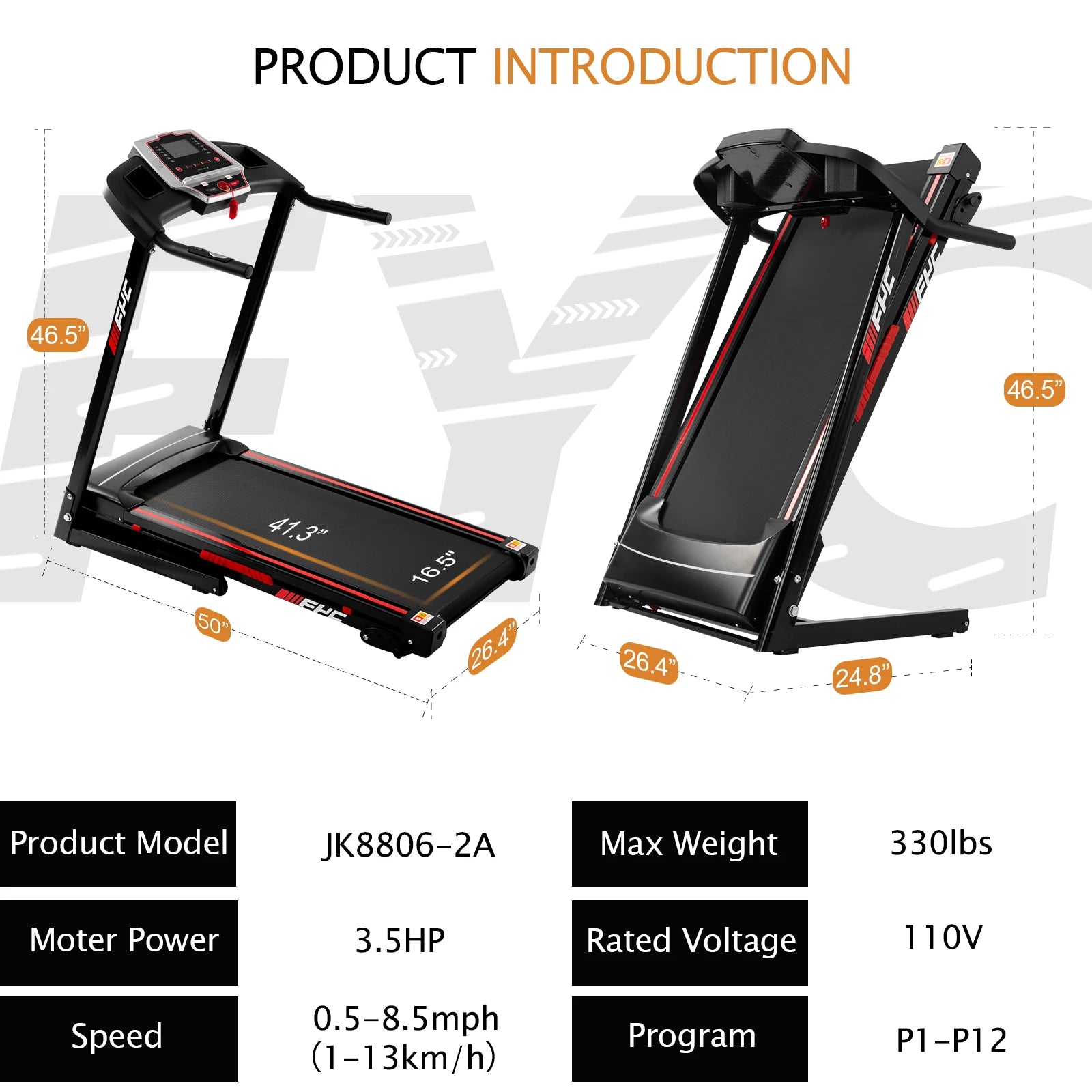 FactoryTreadmill ,2025Ready to Ship USA 17" Wide Foldable Running Machine, 3.5HP 300LBS Weight Capacity Portable Treadmill