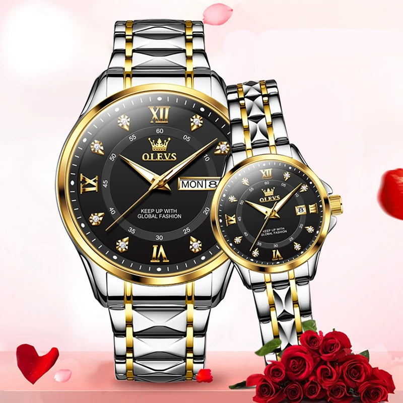 Luxury Unisex Olevs Stainless Steel Quartz Waterproof Couple Watch for Lovers