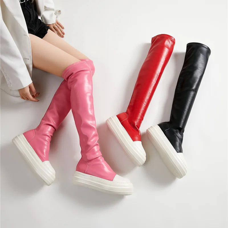 Thick Sole Platform Soft Leather Material Shoes Over Knee Thigh High Women's Boots