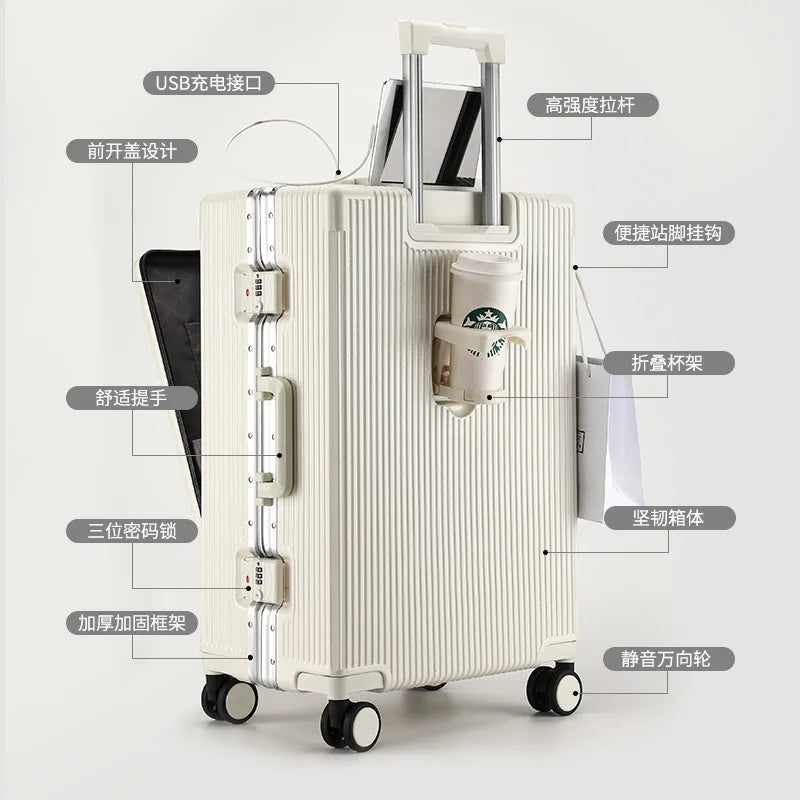 20 24 Inch Front Opening Luggage Men's and Women's Multifunctional Password Lock Trolley Case Travel Wheels Suitcases Cup Holder - Kimlud