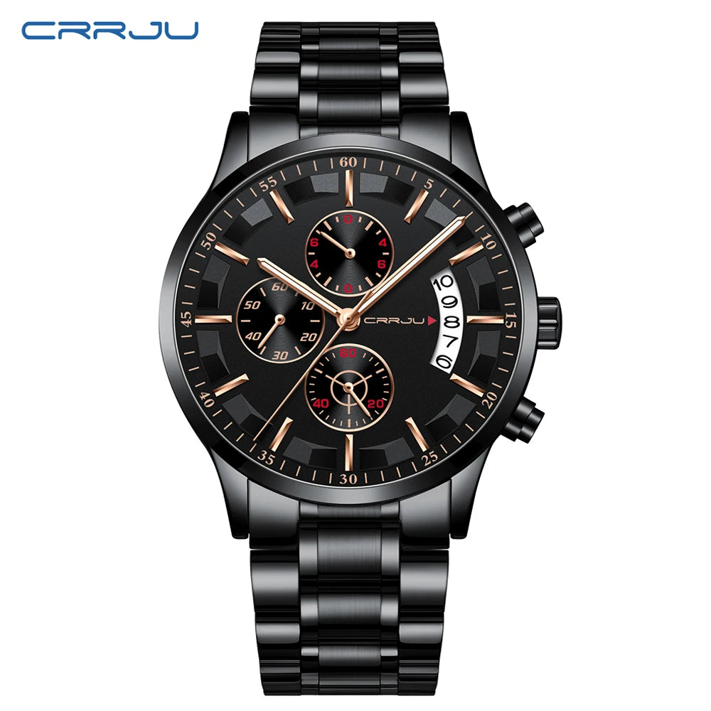 CRRJU 2261 Hot Sell Chinese Gents Quartz Watch clear Steel Strap Luminous Chronometer Calender Outdoor Hand Watch