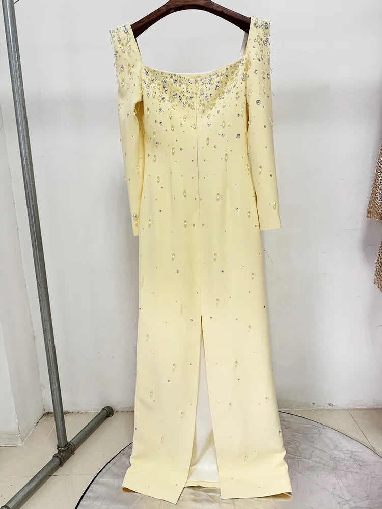LS2656 Ladies Casual Dress Solid Square Neck Long Sleeve Crystal Party Luxury Dresses Women Elegant