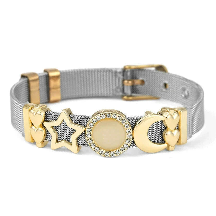 DINGLLY Two-tone Stainless Steel Mesh Bracelets For Women Men Love Heart Beaded 10mm Ribbon Mesh Bracelet & Bangle Gifts