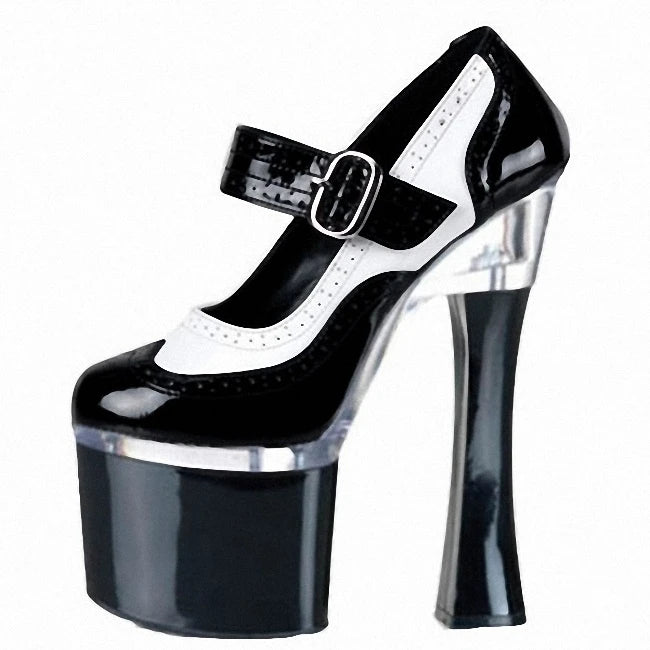 18CM High Heeled Shoes Super Big Size Shallow Pumps 7 Inches Peep Toe Thick Platform Patent Leather Buckle Strap Pole Dance