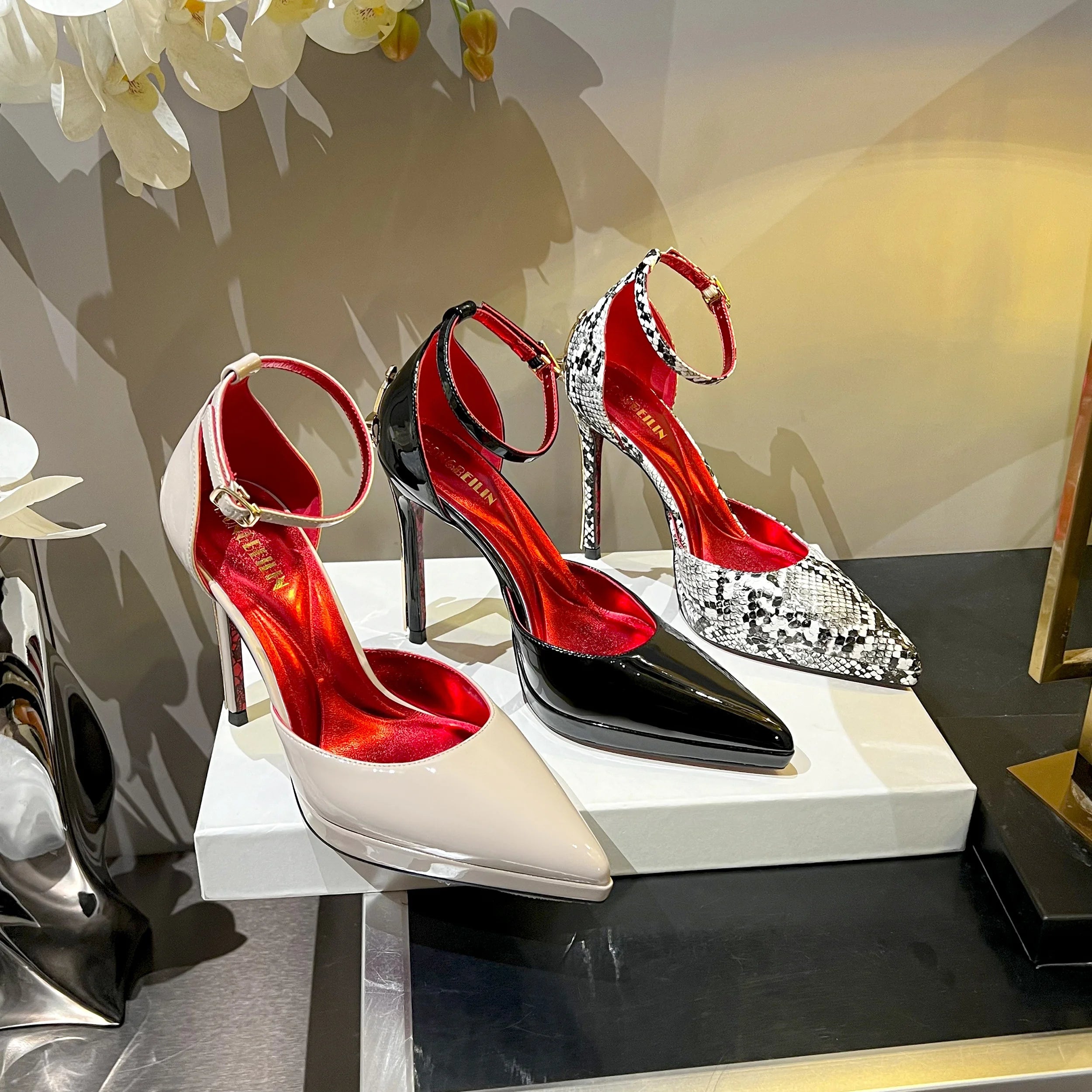 2026 New Model Gold Super High Stiletto Heel Red Sole Women's Royal Lady Style Pointed Toe Patent Leather Strap Sandals - Kimlud