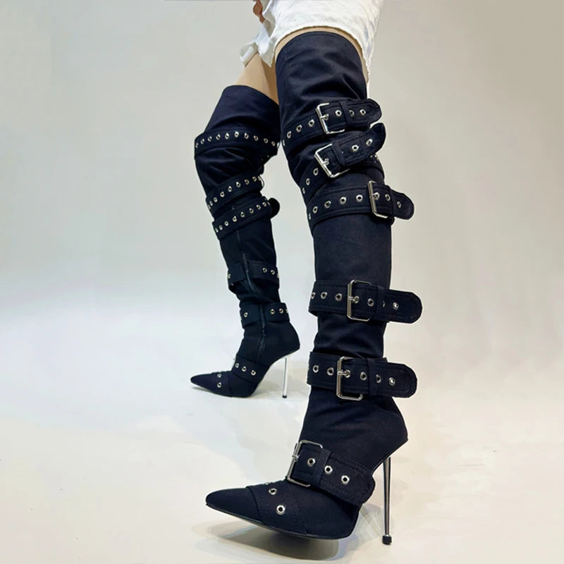 Silver Belt Buckles Women Thigh High Boots Metal High Heels Denim Long Booties Sexy Punk Over Knee Stiletto Shoes