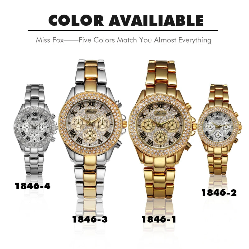 MISSFOX Women Watches Classic Roman Numbers Fake Multiple Time Zones Quartz Watch Women Fashion Casual Gold Bling Ladies Watch
