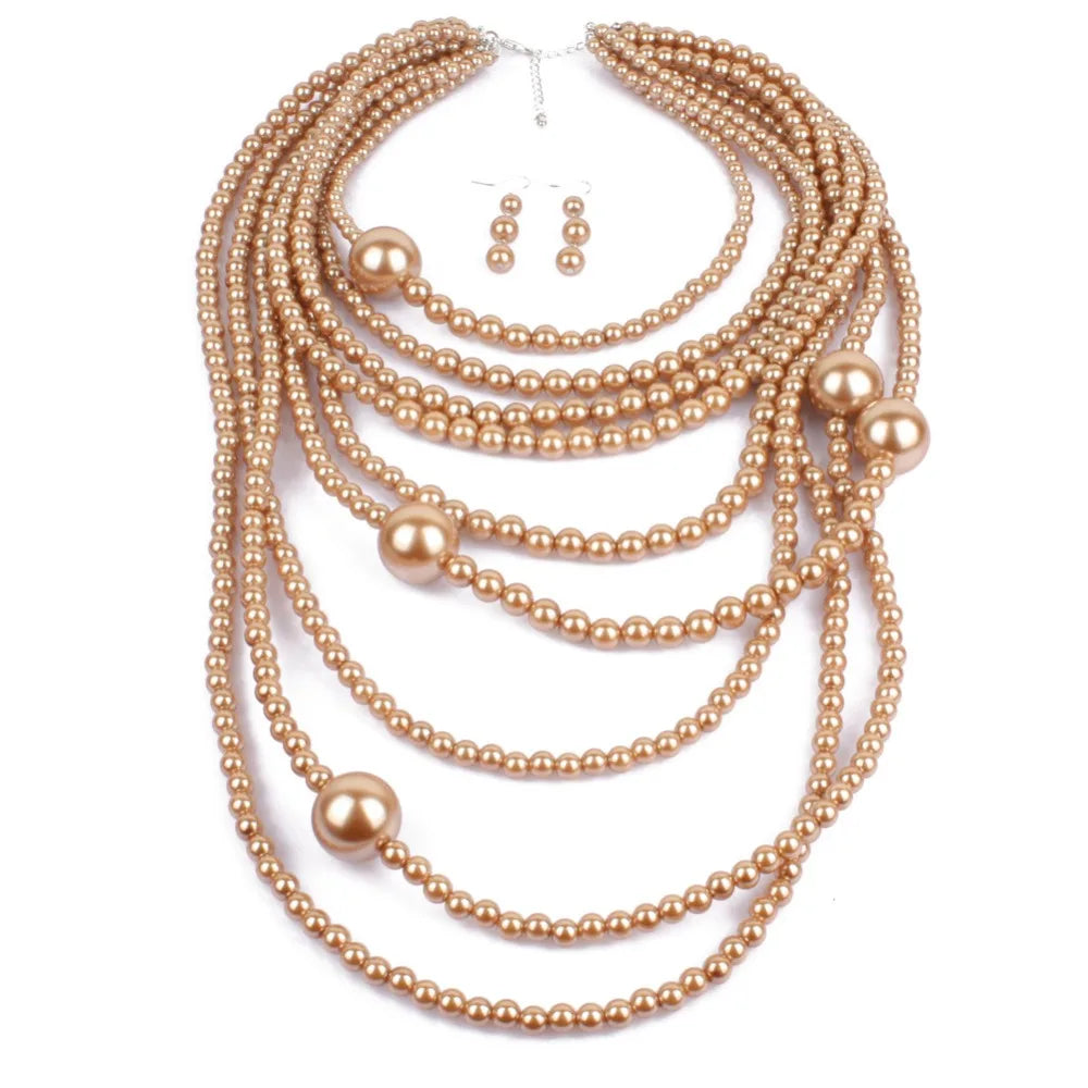 Fashion Brown White Multilayer Imitation Pearls Necklace Earrings Jewelry Sets Women Indian Statement Maxi Long Collar Necklace