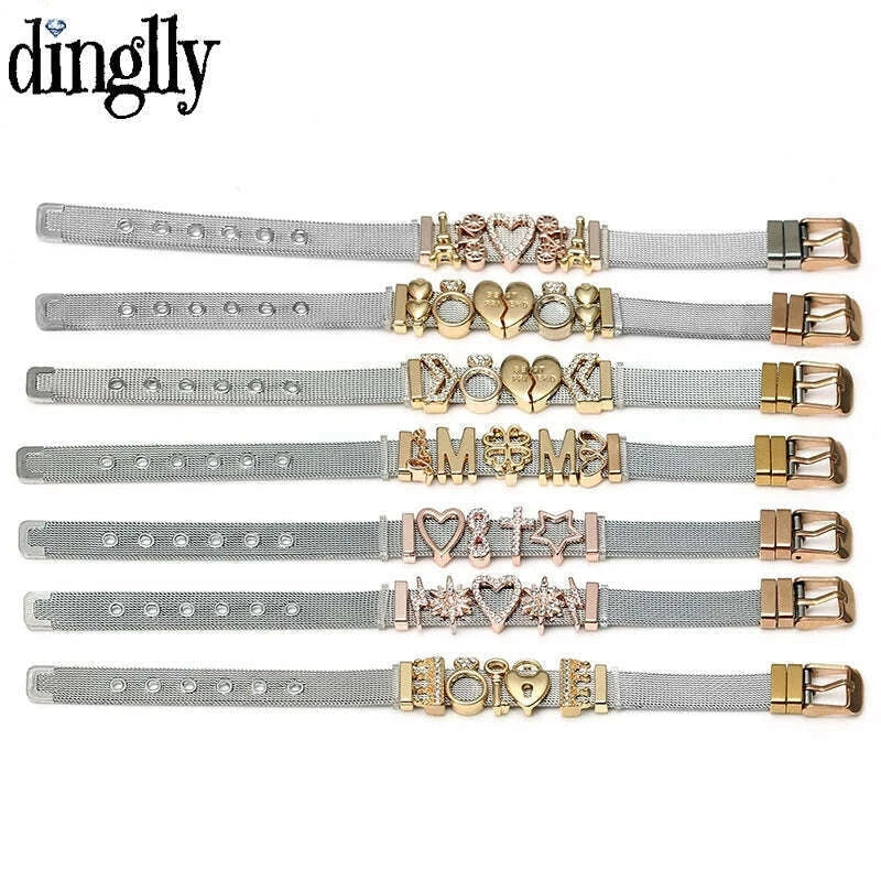 DINGLLY Two-tone Stainless Steel Mesh Bracelets For Women Men Love Heart Beaded 10mm Ribbon Mesh Bracelet & Bangle Gifts