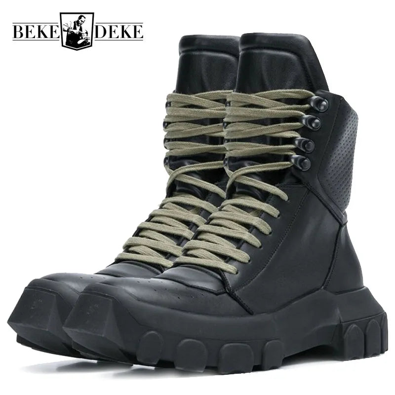 Punk Winter Men Lace Up Tactical Platform Ankle Boots Med Heels Platform Work Safety Shoes Army Genuine Leather Boots...
