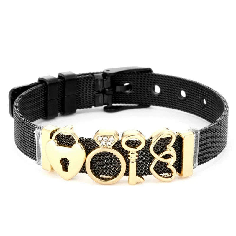 DINGLLY Two-tone Stainless Steel Mesh Bracelets For Women Men Love Heart Beaded 10mm Ribbon Mesh Bracelet & Bangle Gifts