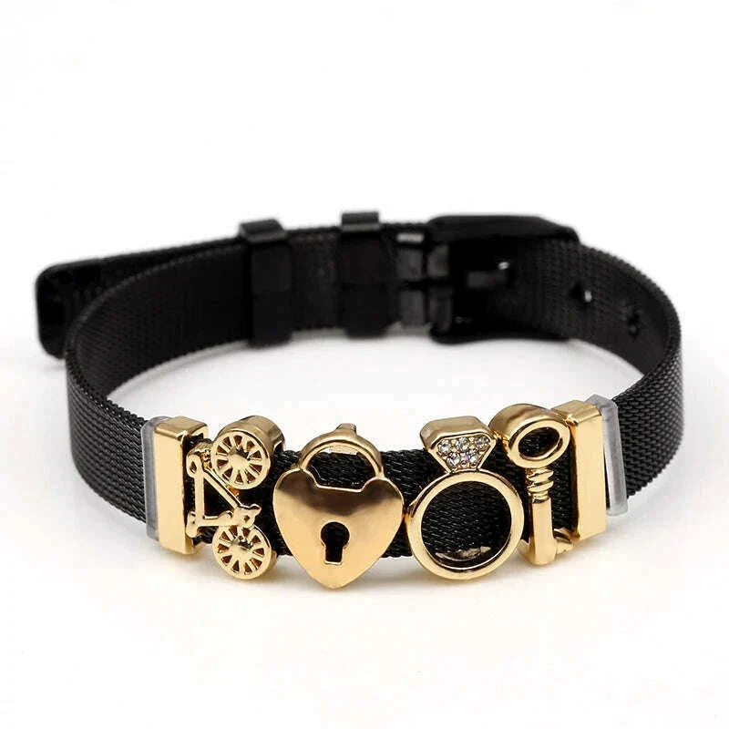 DINGLLY Two-tone Stainless Steel Mesh Bracelets For Women Men Love Heart Beaded 10mm Ribbon Mesh Bracelet & Bangle Gifts