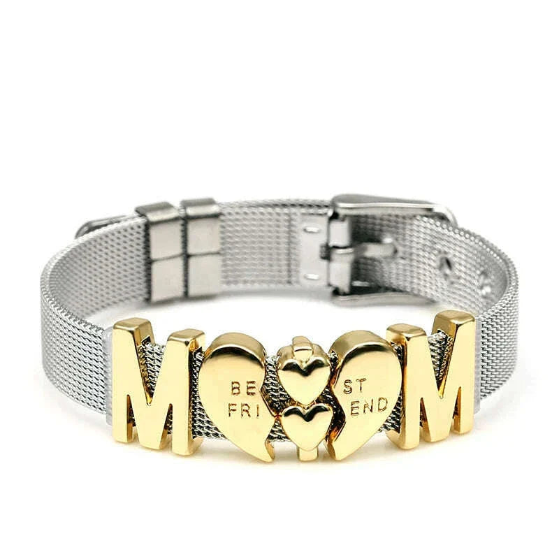 DINGLLY Two-tone Stainless Steel Mesh Bracelets For Women Men Love Heart Beaded 10mm Ribbon Mesh Bracelet & Bangle Gifts