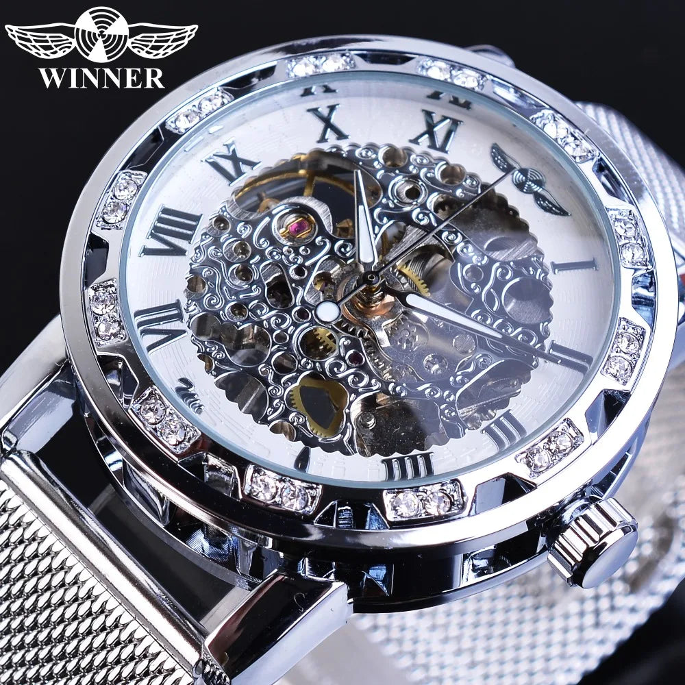 Winner Golden Watches Men Skeleton Mechanical Watch Crystal Mesh Slim Stainless Steel Band Top Brand Luxury Hand Wind Wristwatch