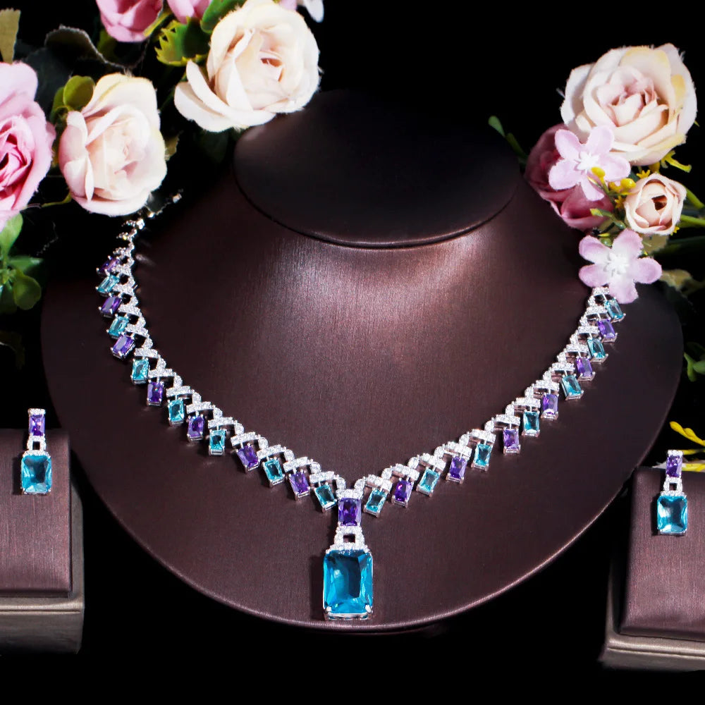 CWWZircons Beautiful Purple Blue Cubic Zircon Crystal Dangle Drop Bridal Wedding Necklace Party Jewelry Sets for Women...