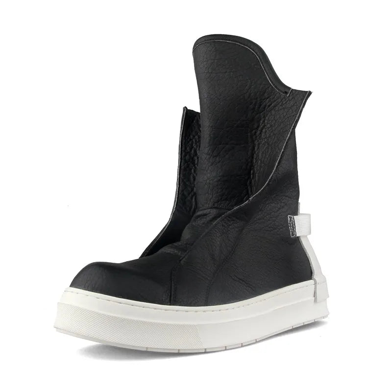 Men High-Top Casual Shoes Designer Slip-On Genuine Leather Platform Boots Winter Black Sneakers Personality Safety Work Boots